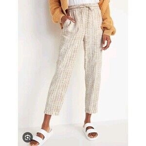 Old Navy Size Medium High-Waisted Beige Tie-Dye Linen-Blend Straight Crop Pants